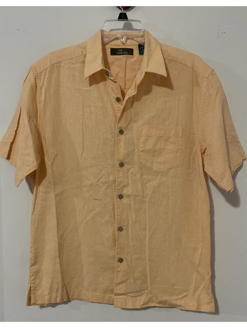 Cafe Luna Mens Medium Orange Button-Up Linen-Blend Short-Sleeved Shirt! A5006